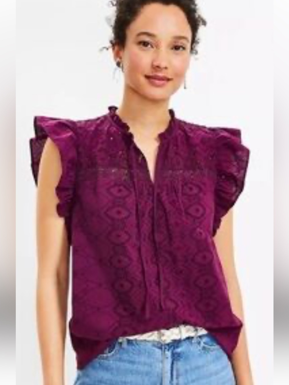 LOFT sleeveless Eyelet Ruffle burgundy lined Top